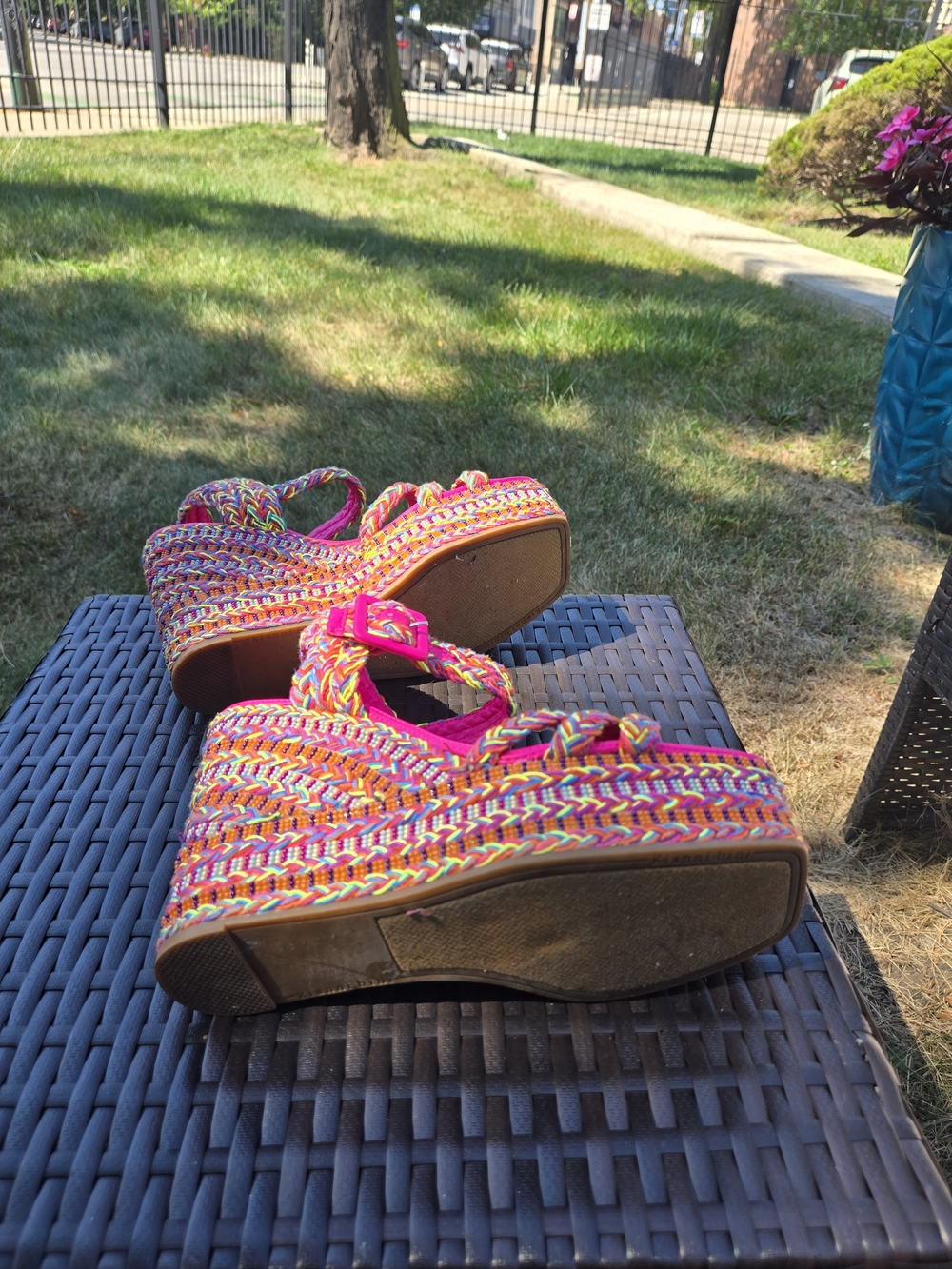 Gianni Bini Multicolor Braided Platform Wedge Sandals - Hot Pink Trim Wedges - Picture 7 of 8
